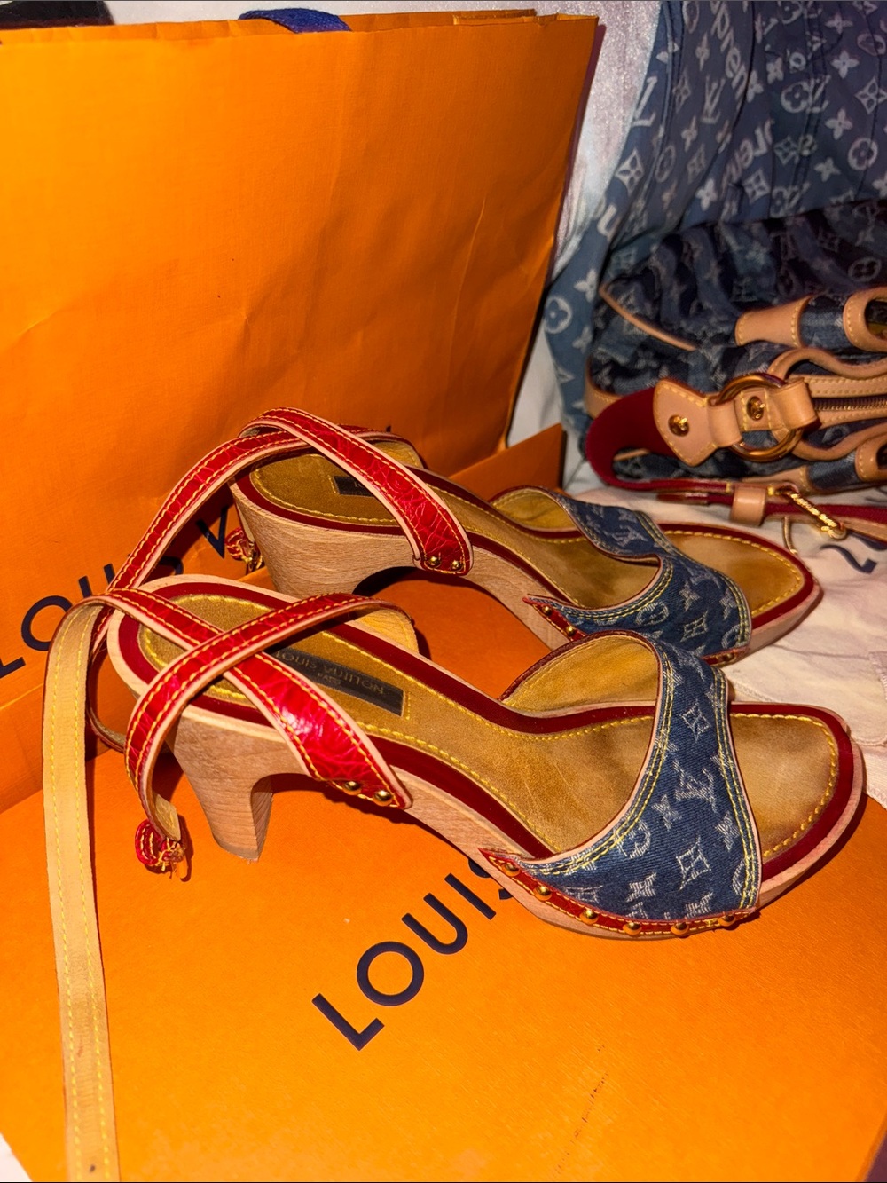 Louis Vuitton Denim Monogram and Red Leather Slingback Heels